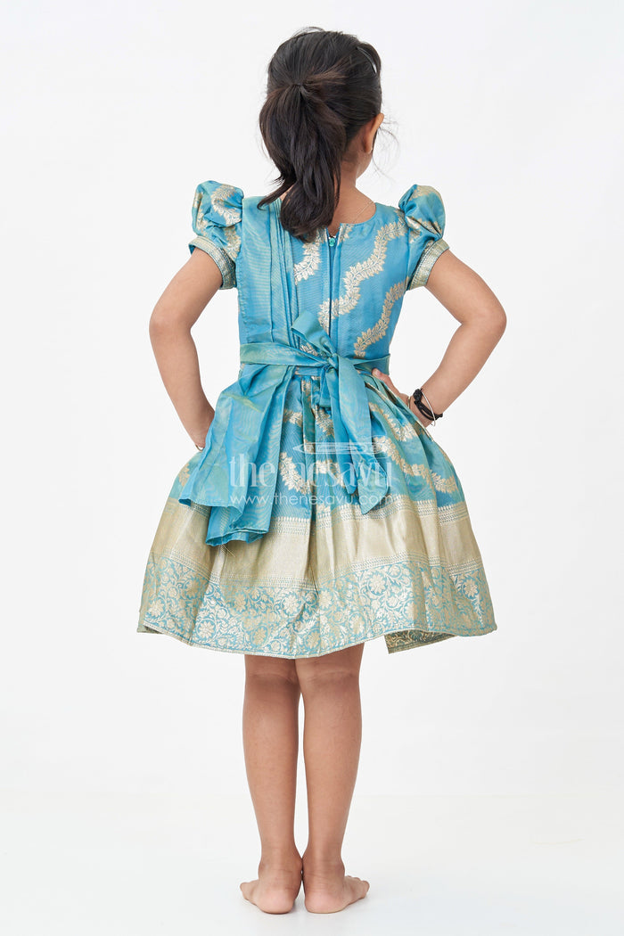 The Nesavu Silk Frock Girls Long Pattu Frocks in Blue Organza Silk Banarasi with Zari Big Border and Puff Sleeves Nesavu Nesavu Girls Long Pattu Frocks Organza Silk Banarasi Zari Big Border Puff Sleeves