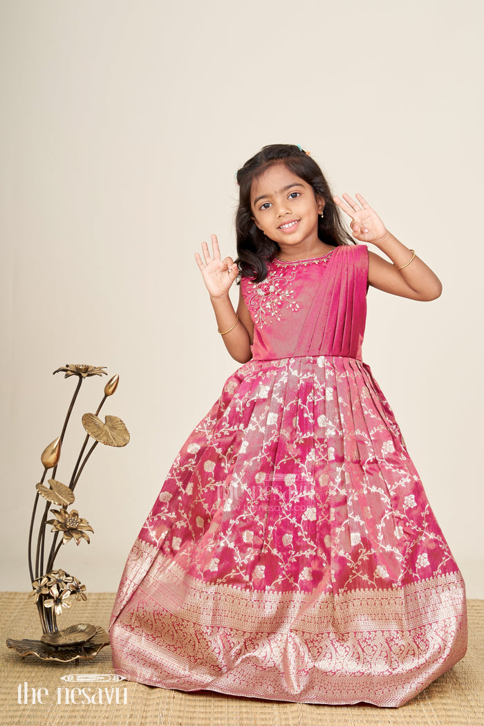 The Nesavu Girls Silk Gown Girls magenta Kora tissue silk Anarkali with big zari border Nesavu 20 (3Y) / Pink GA358A-20 Nesavu girls magenta Kora tissue silk Anarkali with big zari border festive ethnic dress