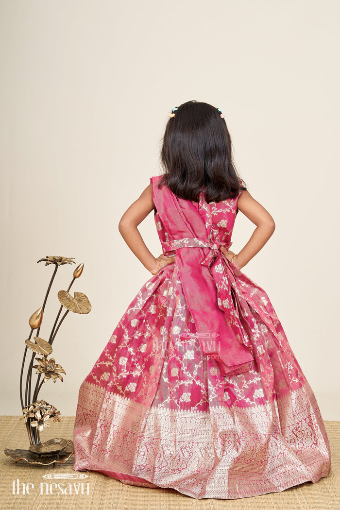 The Nesavu Girls Silk Gown Girls magenta Kora tissue silk Anarkali with big zari border Nesavu Nesavu girls magenta Kora tissue silk Anarkali with big zari border festive ethnic dress