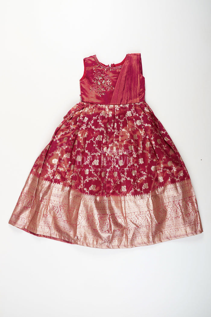 The Nesavu Girls Silk Gown Girls magenta Kora tissue silk Anarkali with big zari border Nesavu Nesavu girls magenta Kora tissue silk Anarkali with big zari border festive ethnic dress