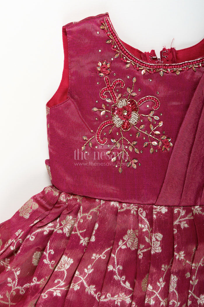 The Nesavu Girls Silk Gown Girls magenta Kora tissue silk Anarkali with big zari border Nesavu Nesavu girls magenta Kora tissue silk Anarkali with big zari border festive ethnic dress