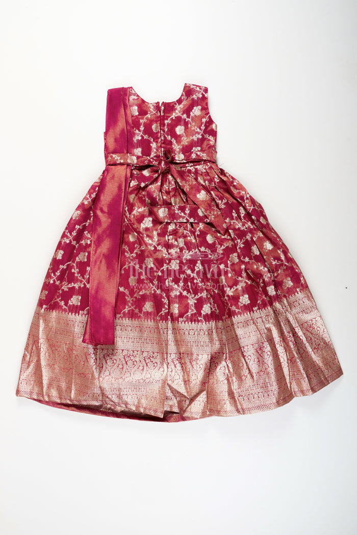 The Nesavu Girls Silk Gown Girls magenta Kora tissue silk Anarkali with big zari border Nesavu Nesavu girls magenta Kora tissue silk Anarkali with big zari border festive ethnic dress