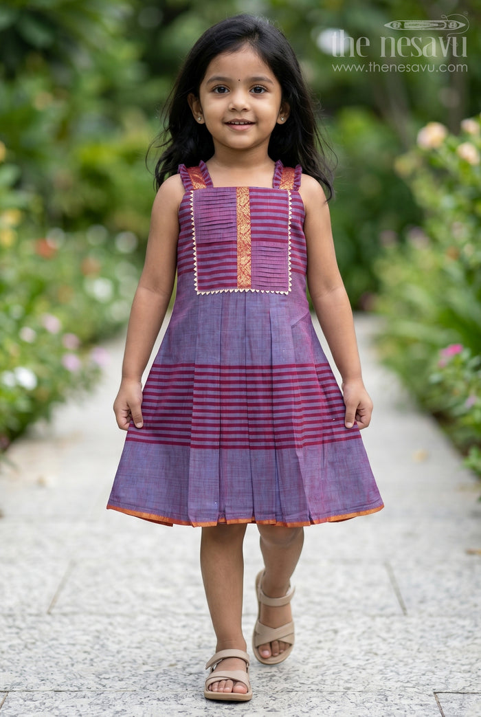 The Nesavu Girls Cotton Frock Girls Mangalagiri Cotton Frock with Sleeveless Straps and Central Panel in Purple Color Frocks Design Nesavu 22 (4Y) / Purple GFC1781A-22 Nesavu Girls Purple Striped Cotton Frock Decorative Central Panel Shoulder Ruffles