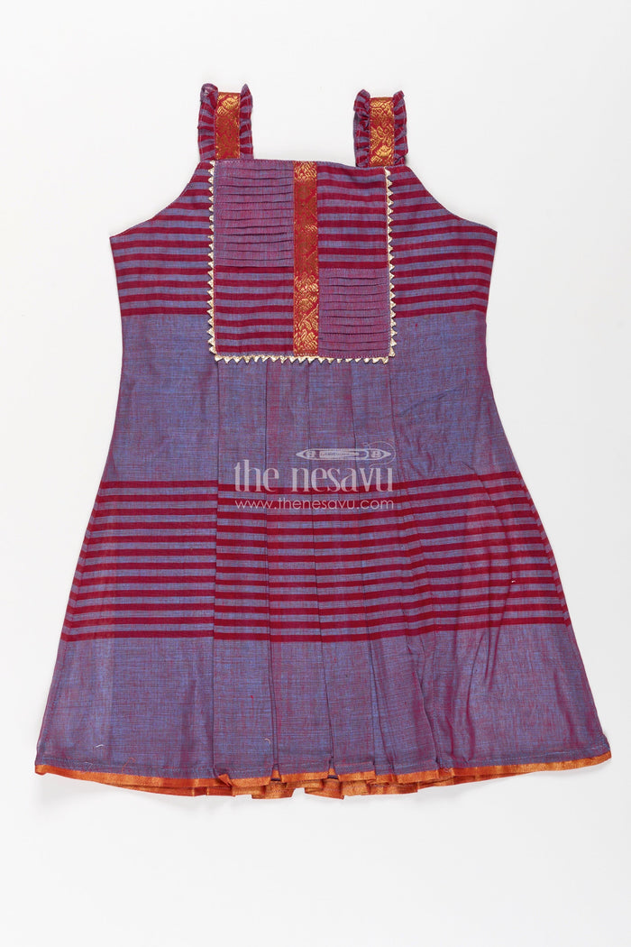 The Nesavu Girls Cotton Frock Girls Mangalagiri Cotton Frock with Sleeveless Straps and Central Panel in Purple Color Frocks Design Nesavu 22 (4Y) / Purple GFC1781A-22 Nesavu Girls Purple Striped Cotton Frock Decorative Central Panel Shoulder Ruffles
