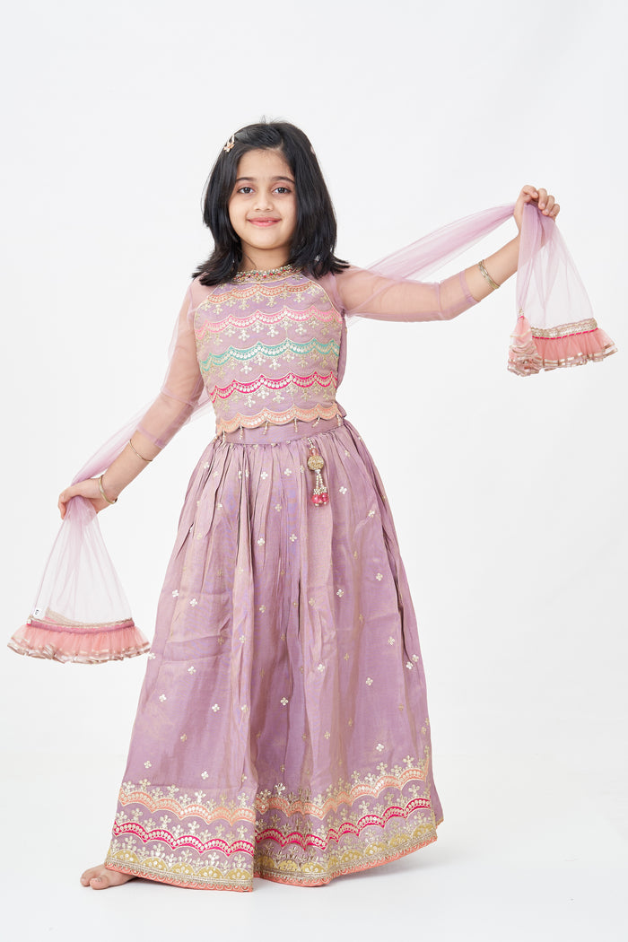 The Nesavu Girls Lehenga Choli Girls Marriage Function Dress in Tissue Fabric with Sequin Embroidery and Designer Multicolor Yoke Nesavu 16 (1Y) / Purple GL641A-16 Girls Marriage Function Dress Tissue Sequin Embroidered Lehenga Choli Designer Yoke | The Nesavu