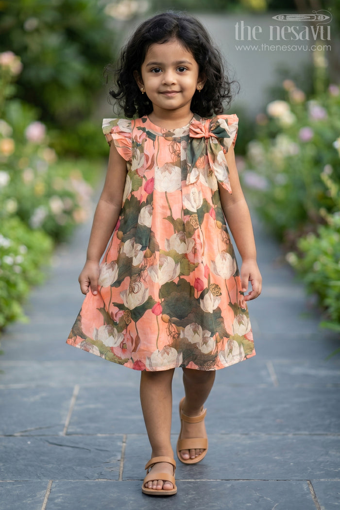 The Nesavu Girls Cotton Frock Girls Mini Frock Dress in Viscose with Bold Floral Digital Print and Ruffle Sleeves Nesavu 18 (2Y) / Orange GFC1662B-18 Girls Mini Frock Dress Soft Vicose Earthy Floral Digital Print Ruffle Sleeves | The Nesavu