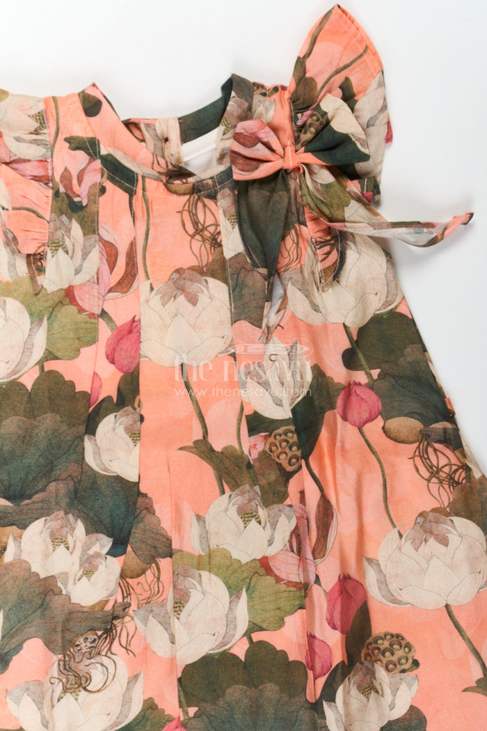 The Nesavu Girls Cotton Frock Girls Mini Frock Dress in Viscose with Bold Floral Digital Print and Ruffle Sleeves Nesavu Nesavu Girls Mini Frock Dress Soft Vicose Earthy Floral Digital Print Ruffle Sleeves