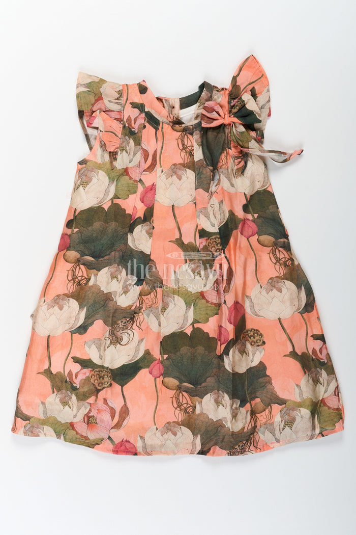 The Nesavu Girls Cotton Frock Girls Mini Frock Dress in Viscose with Bold Floral Digital Print and Ruffle Sleeves Nesavu 18 (2Y) / Orange GFC1662B-18 Girls Mini Frock Dress Soft Vicose Earthy Floral Digital Print Ruffle Sleeves | The Nesavu