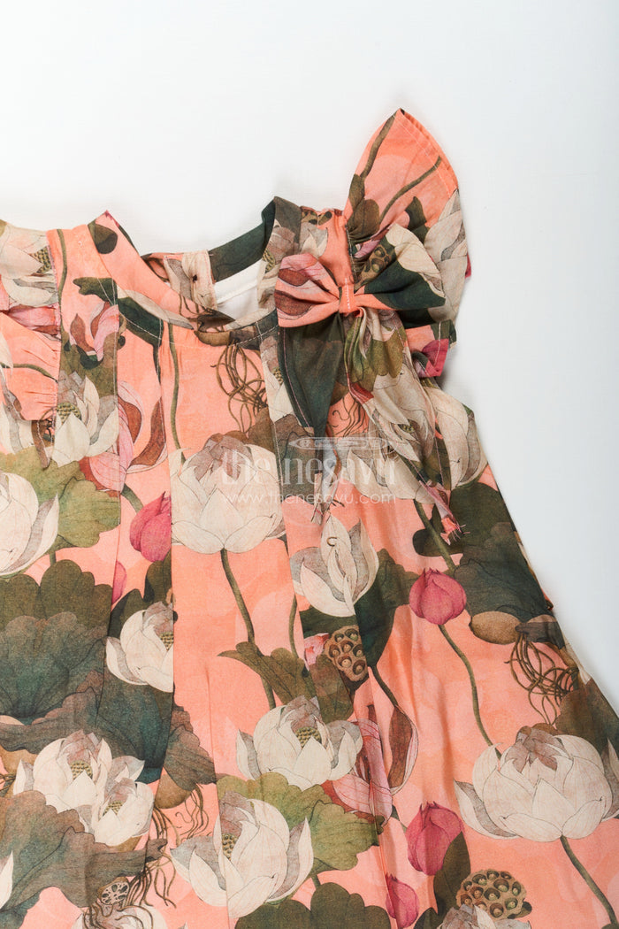 The Nesavu Girls Cotton Frock Girls Mini Frock Dress in Viscose with Bold Floral Digital Print and Ruffle Sleeves Nesavu Girls Mini Frock Dress Soft Vicose Earthy Floral Digital Print Ruffle Sleeves | The Nesavu