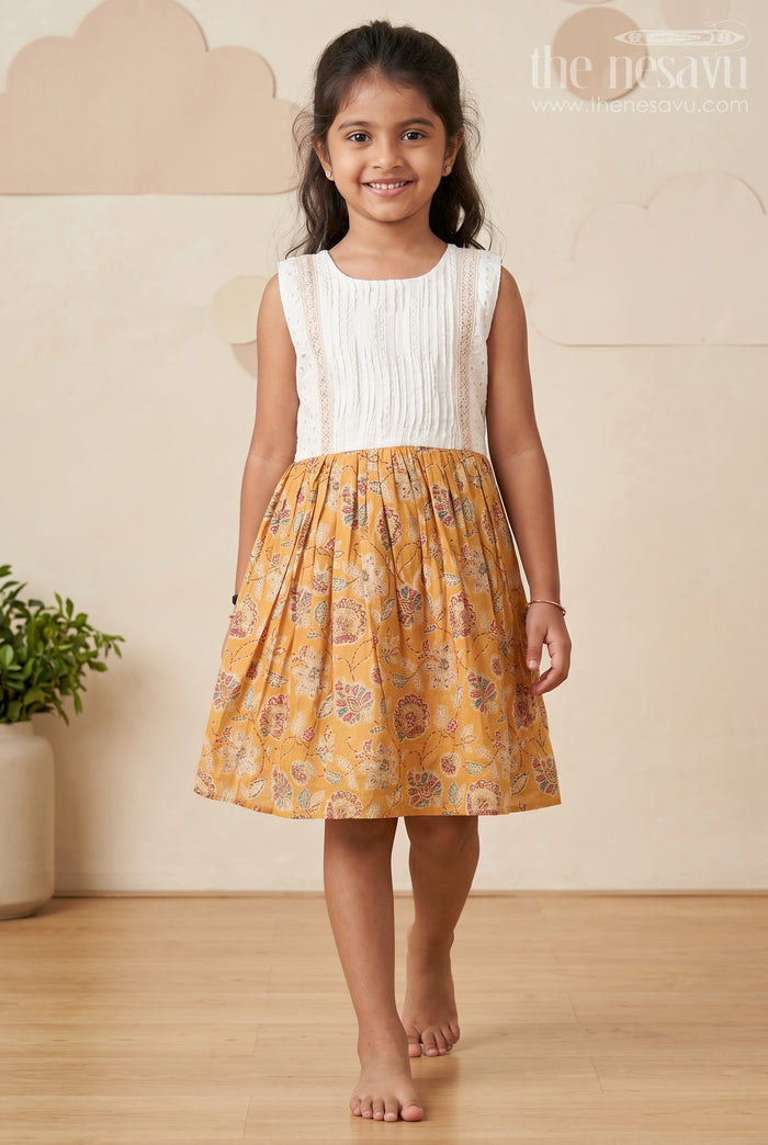 The Nesavu Girls Fancy Frock Girls Modal Silk Frock with Eyelet Yoke and Floral Skirt in Printed Frock Design Style Nesavu 18 (2Y) / Yellow GFC1730A-18 Girls printed frock design Modal Silk Digital Floral Skirt Embroidered Eyelet Yoke | The Nesavu