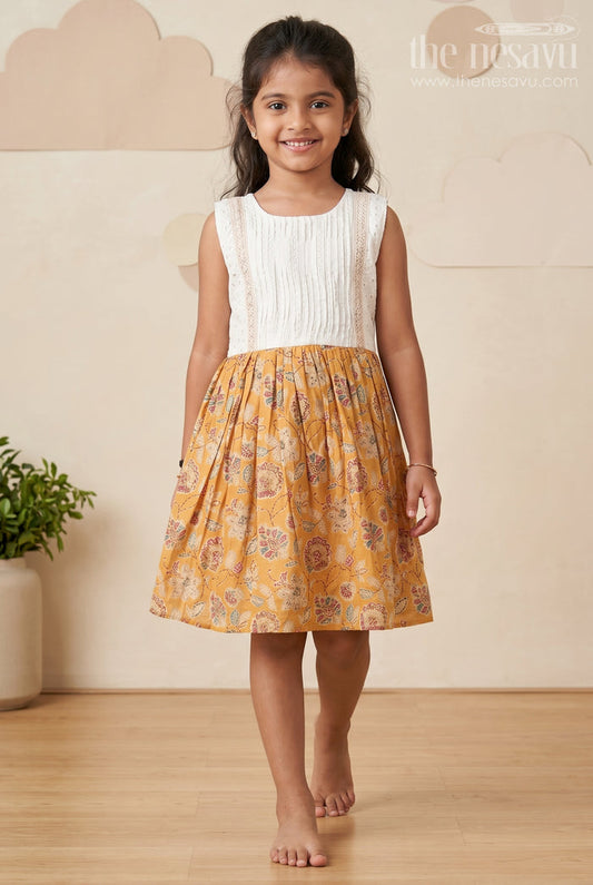 The Nesavu Girls Fancy Frock Girls Modal Silk Frock with Eyelet Yoke and Floral Skirt in Printed Frock Design Style Nesavu 18 (2Y) / Yellow GFC1730A-18 Girls printed frock design Modal Silk Digital Floral Skirt Embroidered Eyelet Yoke | The Nesavu