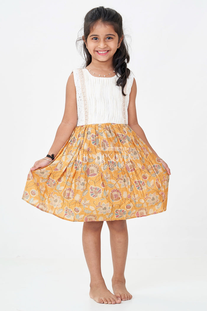 The Nesavu Girls Fancy Frock Girls Modal Silk Frock with Eyelet Yoke and Floral Skirt in Printed Frock Design Style Nesavu Girls printed frock design Modal Silk Digital Floral Skirt Embroidered Eyelet Yoke | The Nesavu