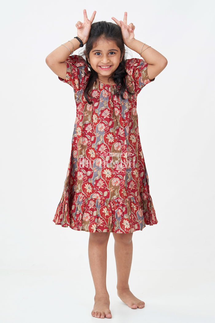 The Nesavu Girls Fancy Frock Girls Modal Silk Frock with Ruffle Hem in Red Floral Digital Print and Puff Sleeves for Chic Comfort Nesavu 18 (2Y) / Maroon GFC1753A-18 Nesavu Red Floral Modal Silk Frock Top Design Ruffle Hem Puff Sleeves Girls