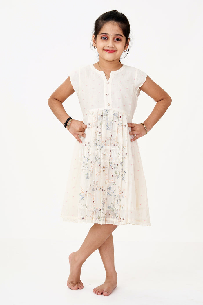 The Nesavu Girls Cotton Frock Girls Modern Frock in Cream Cotton Blend with Sequin Thread Embroidery and Pleated Hem Nesavu 22 (4Y) / Cream GFC1659A-22 Girls Modern Frock Cream Cotton Sequin Thread Embroidery Soft Pleated Finish | The Nesavu