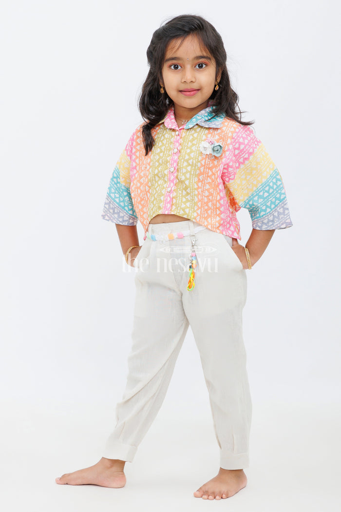 The Nesavu Girls Sharara / Plazo Set Girls Multicolor Geometric Print Cropped Top with Beige Trousers and Braided Belt for Casual Outings Nesavu Nesavu Girls Multicolor Geometric Print Cropped Top Beige Trousers Set Braided Belt Daytime Outings