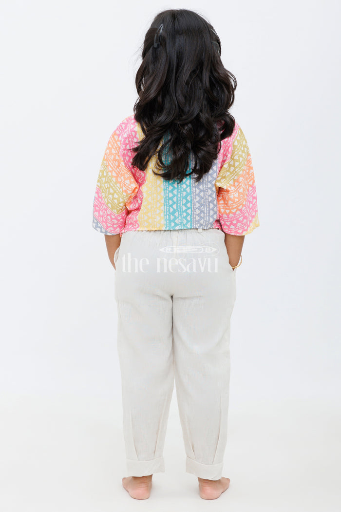 The Nesavu Girls Sharara / Plazo Set Girls Multicolor Geometric Print Cropped Top with Beige Trousers and Braided Belt for Casual Outings Nesavu Nesavu Girls Multicolor Geometric Print Cropped Top Beige Trousers Set Braided Belt Daytime Outings