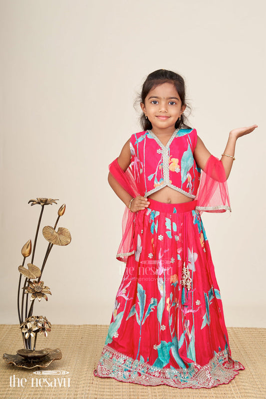 The Nesavu Girls Lehenga Choli Girls muslin lehenga choli set for weddings and festive occasions Nesavu 16 (1Y) / Pink GL738B-16 Nesavu girls muslin silk lehenga choli floral digital print festive wear