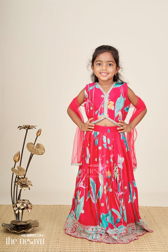 The Nesavu Girls Lehenga Choli Girls muslin lehenga choli set for weddings and festive occasions Nesavu Nesavu girls muslin silk lehenga choli floral digital print festive wear