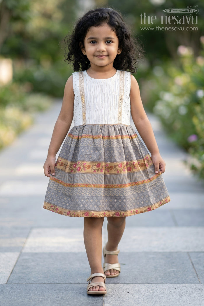 The Nesavu Girls Fancy Frock Girls Muslin Silk Fancy Frock with Stripe Floral Borders and Eyelet Yoke in New Fancy Frock Style Nesavu 18 (2Y) / Gray GFC1732A-18 Girls new fancy frock Muslin Silk Printed Stripe Floral Skirt Embroidered Yoke | The Nesavu
