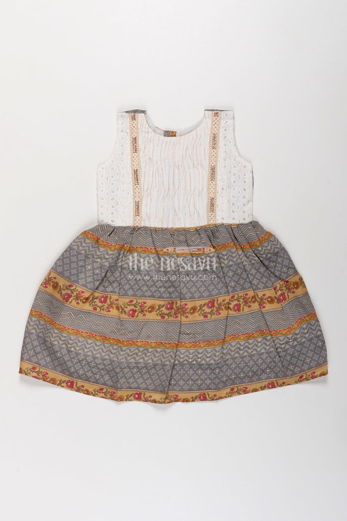 The Nesavu Girls Fancy Frock Girls Muslin Silk Fancy Frock with Stripe Floral Borders and Eyelet Yoke in New Fancy Frock Style Nesavu Girls new fancy frock Muslin Silk Printed Stripe Floral Skirt Embroidered Yoke | The Nesavu