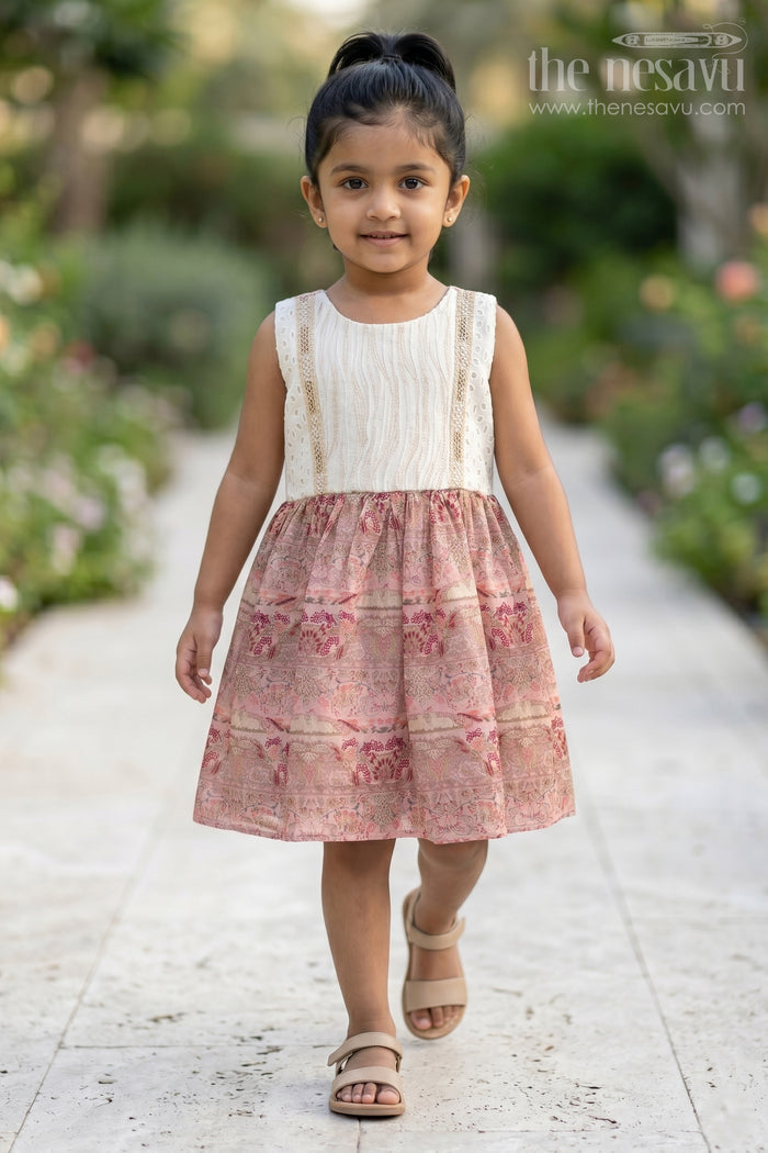 The Nesavu Girls Fancy Frock Girls Muslin Silk Printed Frock with Embroidered Pintuck Yoke in Pink Frock Design Style Nesavu 18 (2Y) / Pink GFC1733C-18 Girls pink frock design Muslin Silk Embroidered Eyelet Yoke Printed Skirt | The Nesavu