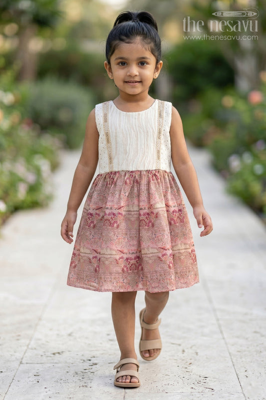 The Nesavu Girls Fancy Frock Girls Muslin Silk Printed Frock with Embroidered Pintuck Yoke in Pink Frock Design Style Nesavu 18 (2Y) / Pink GFC1733C-18 Girls pink frock design Muslin Silk Embroidered Eyelet Yoke Printed Skirt | The Nesavu