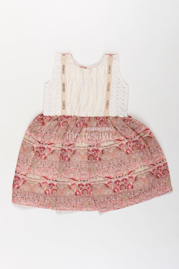 The Nesavu Girls Fancy Frock Girls Muslin Silk Printed Frock with Embroidered Pintuck Yoke in Pink Frock Design Style Nesavu 18 (2Y) / Pink GFC1733C-18 Girls pink frock design Muslin Silk Embroidered Eyelet Yoke Printed Skirt | The Nesavu