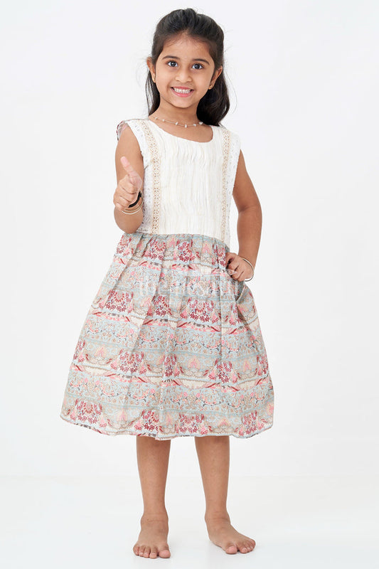 The Nesavu Girls Fancy Frock Girls Muslin Silk Printed Frock with Eyelet Pintuck Yoke and Baroque Borders in Blue Frock Design Nesavu Girls blue frock design Muslin Silk Baroque Motif Skirt Pintuck Eyelet Bodice | The Nesavu