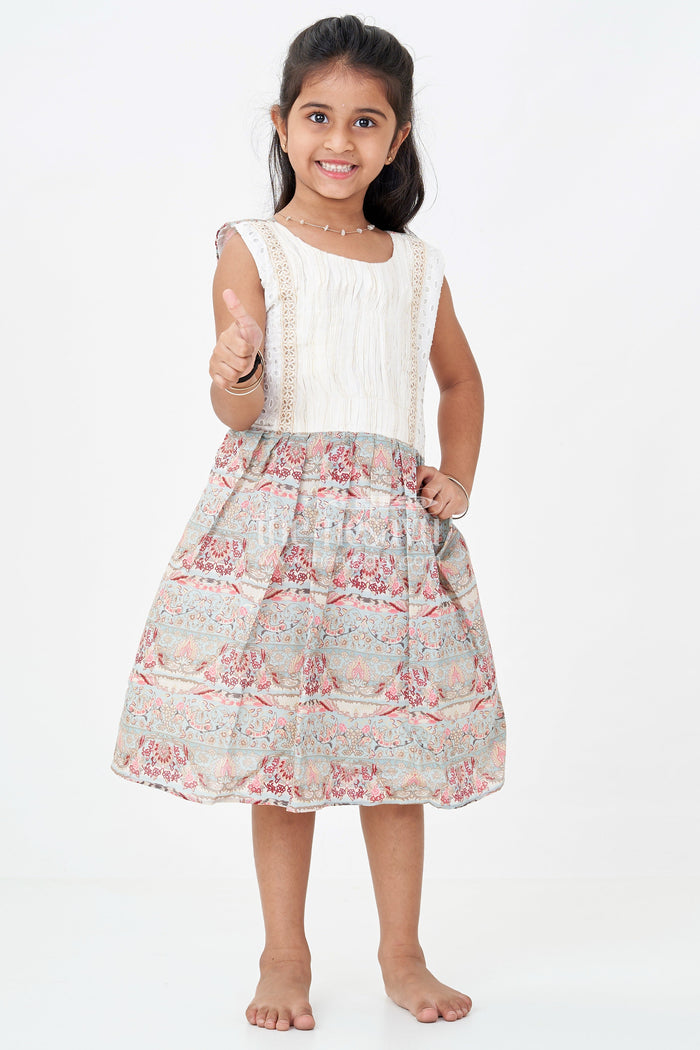 The Nesavu Girls Fancy Frock Girls Muslin Silk Printed Frock with Eyelet Pintuck Yoke and Baroque Borders in Blue Frock Design Nesavu 18 (2Y) / Blue GFC1733B-18 Girls blue frock design Muslin Silk Baroque Motif Skirt Pintuck Eyelet Bodice | The Nesavu