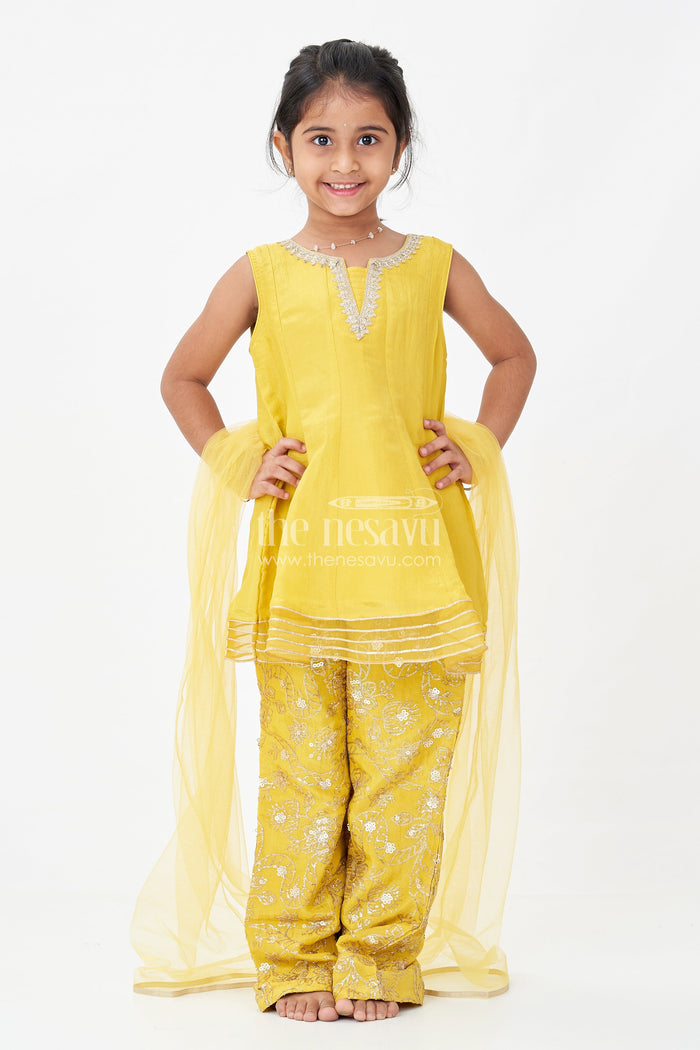The Nesavu Girls Sharara / Plazo Set Girls Mustard Dress Of Sharara in Viscose Tissue with Designer Sequin Embroidered Pants Nesavu Girls Mustard Sharara Dress Sequin Embroidered Pants Dupatta Viscose Tissue | The Nesavu