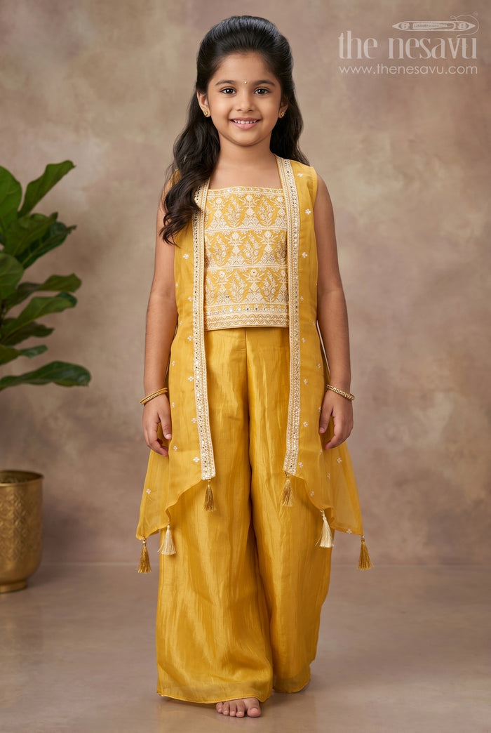 The Nesavu Girls Sharara / Plazo Set Girls Mustard Palazzo Pants with Embroidered Crop Top and Long Jacket for Festive Wear Nesavu 22 (4Y) / Yellow GPS506A-22 Girls Mustard Palazzo Pants Set Embroidered Crop Top Long Jacket Weddings | The Nesavu