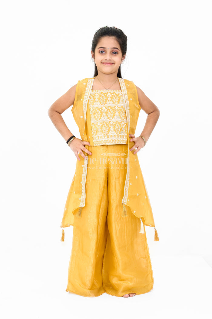 The Nesavu Girls Sharara / Plazo Set Girls Mustard Palazzo Pants with Embroidered Crop Top and Long Jacket for Festive Wear Nesavu 22 (4Y) / Yellow GPS506A-22 Nesavu Girls Mustard Palazzo Pants Set Embroidered Crop Top Long Jacket Weddings