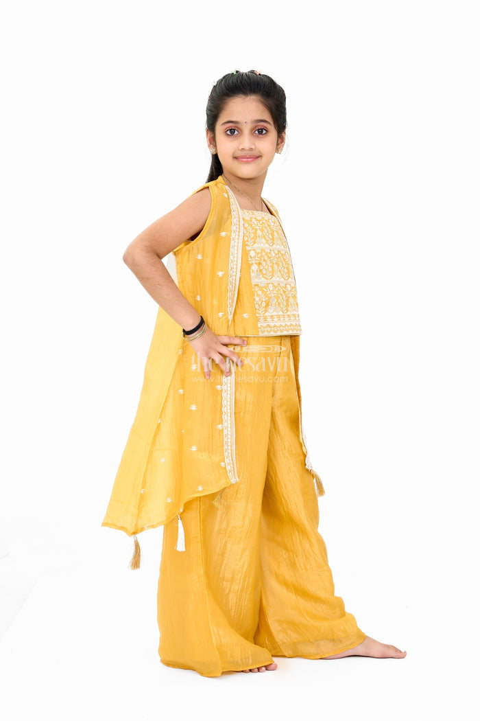 The Nesavu Girls Sharara / Plazo Set Girls Mustard Palazzo Pants with Embroidered Crop Top and Long Jacket for Festive Wear Nesavu Nesavu Girls Mustard Palazzo Pants Set Embroidered Crop Top Long Jacket Weddings