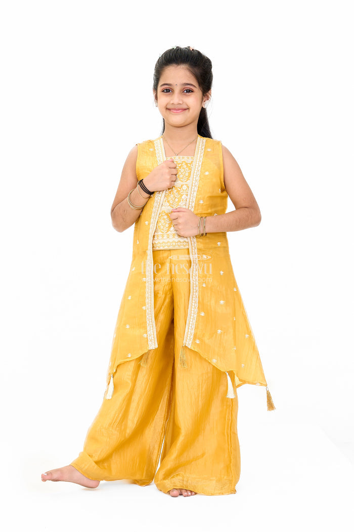 The Nesavu Girls Sharara / Plazo Set Girls Mustard Palazzo Pants with Embroidered Crop Top and Long Jacket for Festive Wear Nesavu Nesavu Girls Mustard Palazzo Pants Set Embroidered Crop Top Long Jacket Weddings