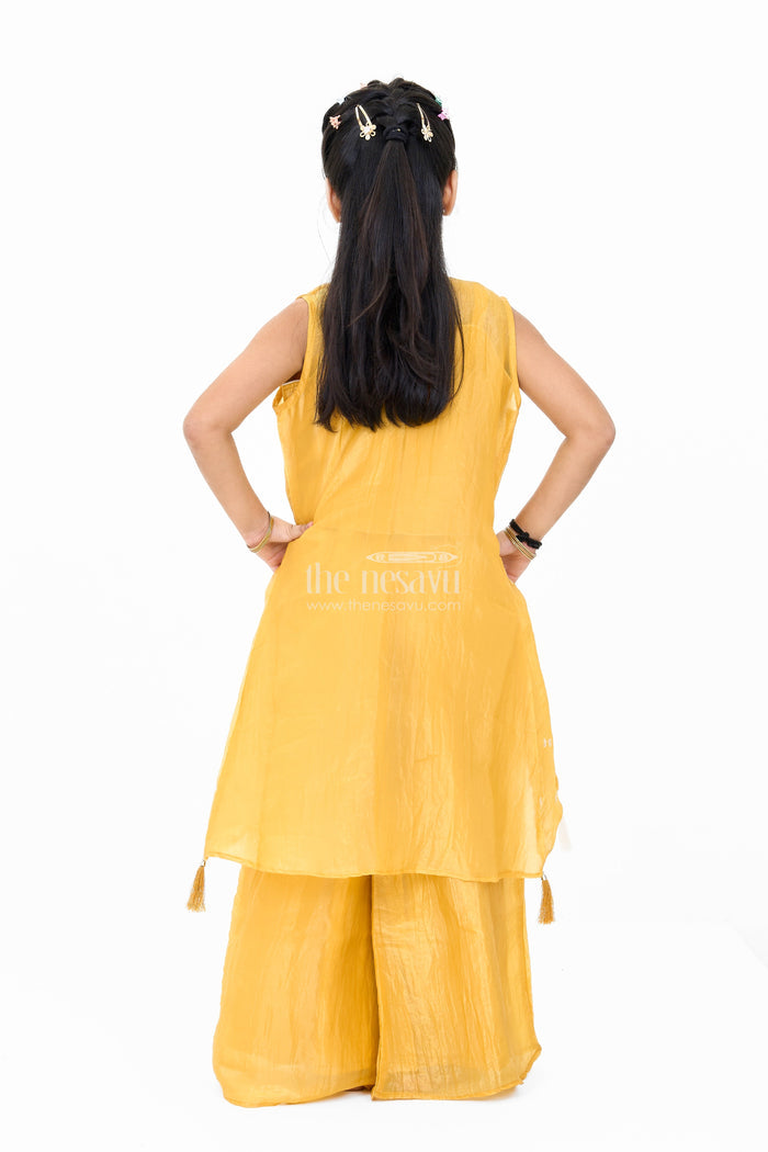 The Nesavu Girls Sharara / Plazo Set Girls Mustard Palazzo Pants with Embroidered Crop Top and Long Jacket for Festive Wear Nesavu Nesavu Girls Mustard Palazzo Pants Set Embroidered Crop Top Long Jacket Weddings