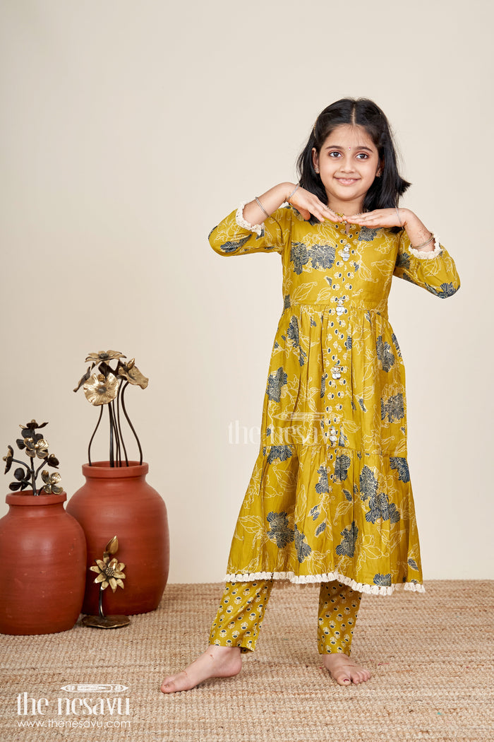 The Nesavu Girls Sharara / Plazo Set Girls mustard sharara set with black floral print for festive wear Nesavu 24 (5Y) / Yellow GPS826A-24 Nesavu girls mustard sharara set with floral digital print and button-front kurti