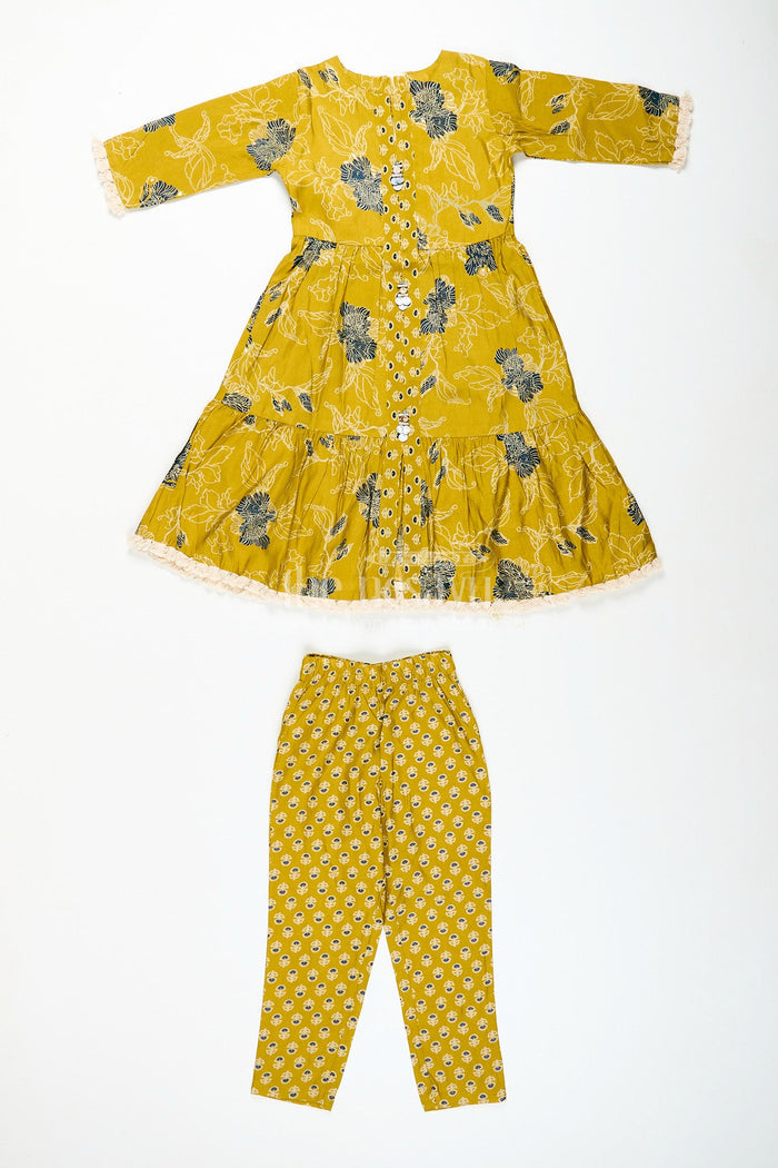The Nesavu Girls Sharara / Plazo Set Girls mustard sharara set with black floral print for festive wear Nesavu Nesavu girls mustard sharara set with floral digital print and button-front kurti