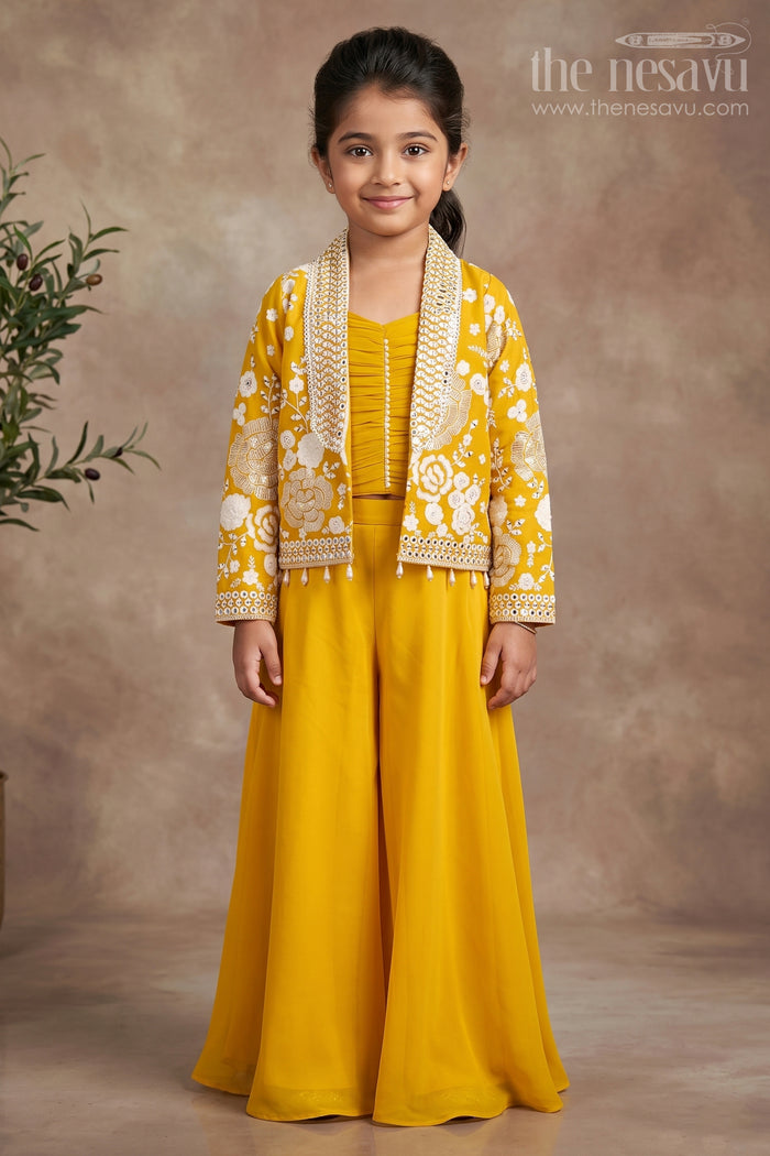 The Nesavu Girls Sharara / Plazo Set Girls Mustard Sharara Set with Embroidered Jacket for Festive Events Nesavu 24 (5Y) / Yellow GPS800A-24 Nesavu Girls Mustard Sharara Set Embroidered Jacket Festive Ethnic Wear Weddings