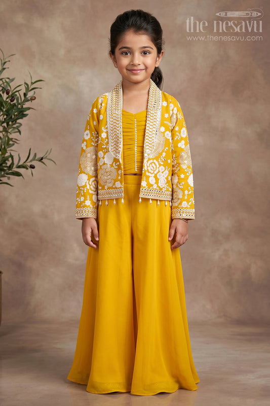The Nesavu Girls Sharara / Plazo Set Girls Mustard Sharara Set with Embroidered Jacket for Festive Events Nesavu 24 (5Y) / Yellow GPS800A-24 Nesavu Girls Mustard Sharara Set Embroidered Jacket Festive Ethnic Wear Weddings