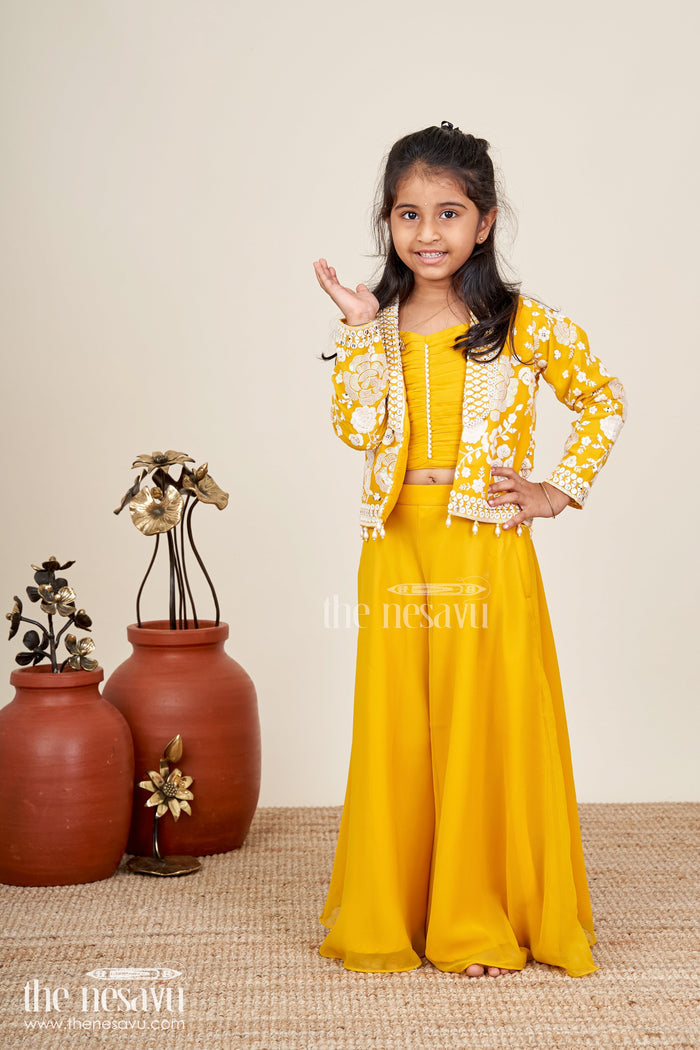 The Nesavu Girls Sharara / Plazo Set Girls Mustard Sharara Set With Embroidered Jacket For Festive Events Nesavu 24 (5Y) / Yellow GPS800A-24 Nesavu Girls Mustard Sharara Set Embroidered Jacket Festive Ethnic Wear Weddings