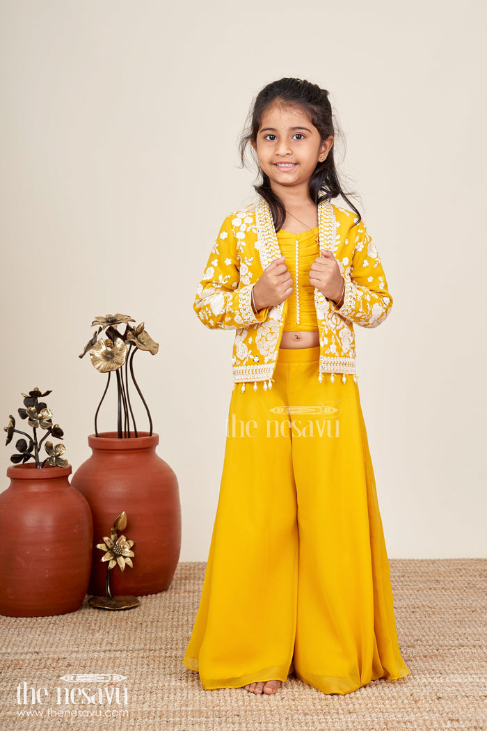 The Nesavu Girls Sharara / Plazo Set Girls Mustard Sharara Set With Embroidered Jacket For Festive Events Nesavu Nesavu Girls Mustard Sharara Set Embroidered Jacket Festive Ethnic Wear Weddings
