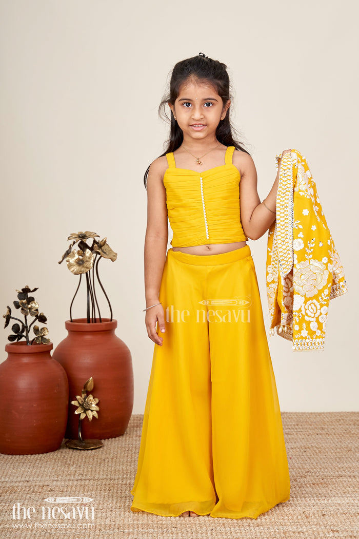 The Nesavu Girls Sharara / Plazo Set Girls Mustard Sharara Set With Embroidered Jacket For Festive Events Nesavu Nesavu Girls Mustard Sharara Set Embroidered Jacket Festive Ethnic Wear Weddings