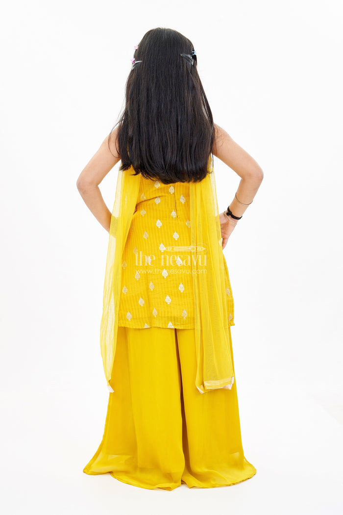 The Nesavu Girls Churidar Sets Girls Mustard Yellow Churidar Suit Set with Embellished Top and Dupatta in Georgette Nesavu Nesavu Girls Mustard Yellow Churidar Suit Set Embellished Top Dupatta Georgette