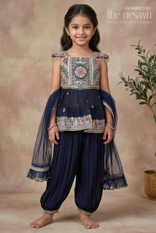 The Nesavu Girls Churidar Sets Girls Navy Blue Georgette Churidar Dress with Thread Embroidery and Colorful Sequins for Festive Charm Nesavu 16 (1Y) / Blue GPS561B-16 Girls Navy Blue Embroidered Georgette Churidar Dress Sequins Cultural Flair | The Nesavu