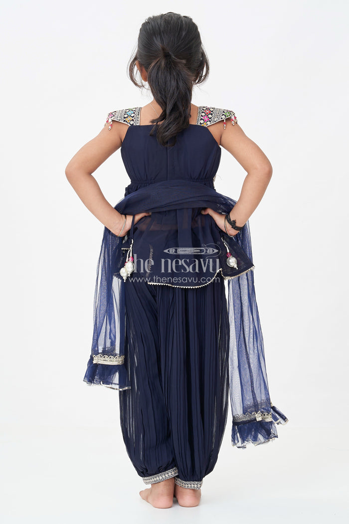 The Nesavu Girls Churidar Sets Girls Navy Blue Georgette Churidar Dress with Thread Embroidery and Colorful Sequins for Festive Charm Nesavu Girls Navy Blue Embroidered Georgette Churidar Dress Sequins Cultural Flair | The Nesavu