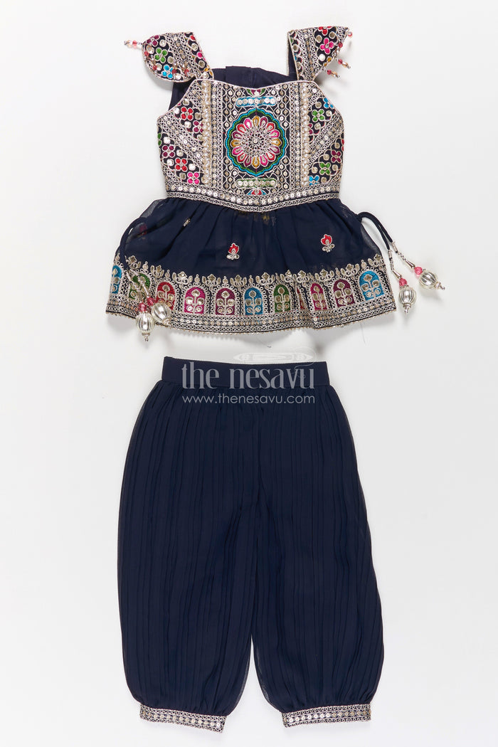 The Nesavu Girls Churidar Sets Girls Navy Blue Georgette Churidar Dress with Thread Embroidery and Colorful Sequins for Festive Charm Nesavu Girls Navy Blue Embroidered Georgette Churidar Dress Sequins Cultural Flair | The Nesavu