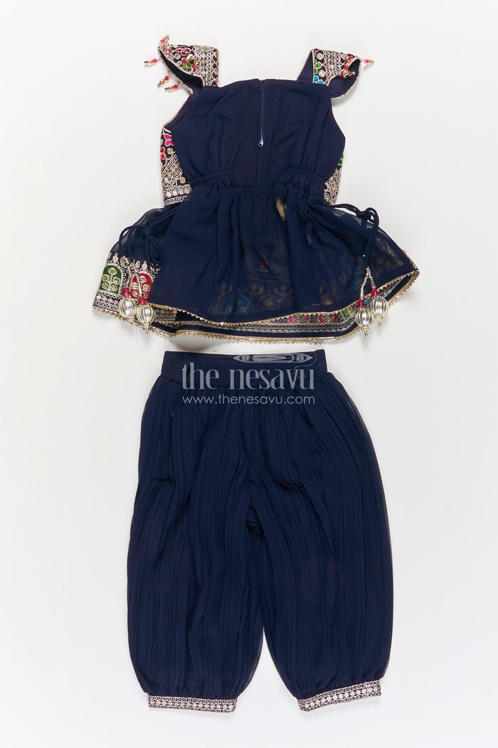 The Nesavu Girls Churidar Sets Girls Navy Blue Georgette Churidar Dress with Thread Embroidery and Colorful Sequins for Festive Charm Nesavu Girls Navy Blue Embroidered Georgette Churidar Dress Sequins Cultural Flair | The Nesavu