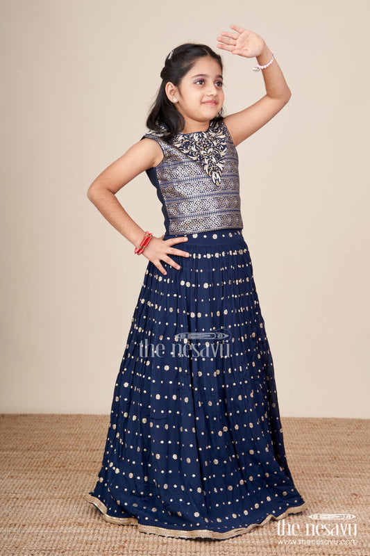 The Nesavu Girls Lehenga Choli Girls Navy Blue Georgette Lehenga Choli with Embroidered Yoke for Weddings Nesavu 16 (1Y) / Blue GL800A-16 Nesavu girls navy blue georgette lehenga choli embroidered blouse weddings festive occasions