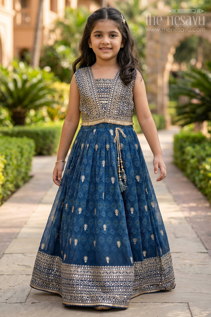 The Nesavu Girls Lehenga Choli Girls Navy Blue Pure Georgette Lehenga Choli with Silver Embroidery and Geometric Pattern Detailing Nesavu 28 (7Y) / Blue GL521A-28 Nesavu Girls Navy Blue Georgette Lehenga Choli Silver Geometric Embroidery Pleated Skirt