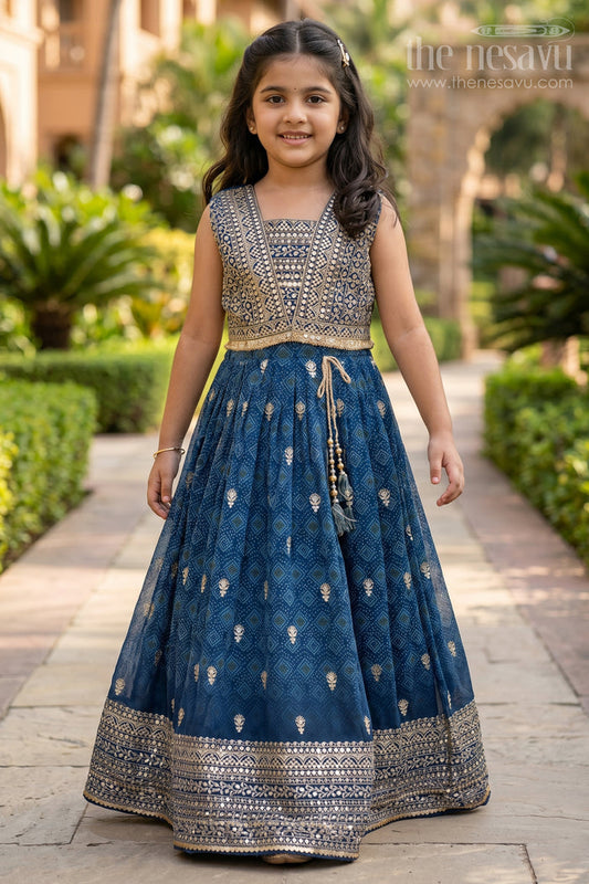 The Nesavu Girls Lehenga Choli Girls Navy Blue Pure Georgette Lehenga Choli with Silver Embroidery and Geometric Pattern Detailing Nesavu 28 (7Y) / Blue GL521A-28 Nesavu Girls Navy Blue Georgette Lehenga Choli Silver Geometric Embroidery Pleated Skirt
